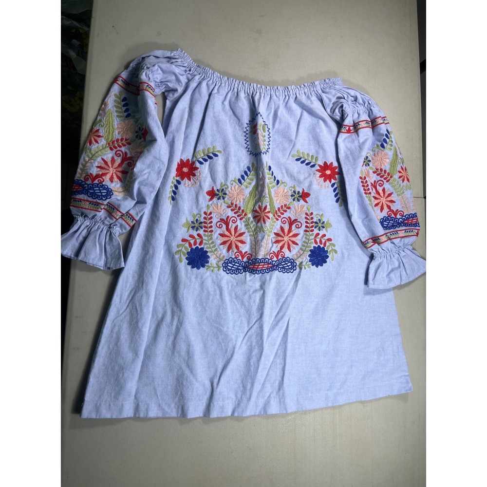 Ellison Small Embroidered Off Shoulder Dress Blue Floral Boho Bell Sleeve